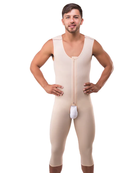 MALE FULL BODY SUIT BELOW THE KNEE LENGTH ABDOMINAL COSMETIC SURGERY COMPRESSION GARMENT WITH ZIPPER (SLEEVELESS) (MG02BK)