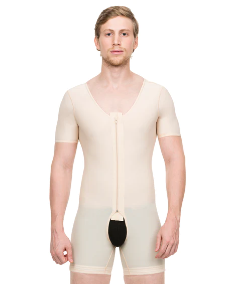 MALE FULL BODY SUIT ABOVE KNEE LENGTH ABDOMINAL COSMETIC SURGERY COMPRESSION GARMENT WITH ZIPPER (SHORT SLEEVE) (MG07)