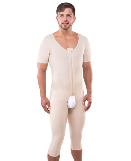 MALE FULL BODY SUIT BELOW THE KNEE ABDOMINAL COSMETIC SURGERY COMPRESSION GARMENT WITH ZIPPER (SHORT SLEEVE)(MG07BK)